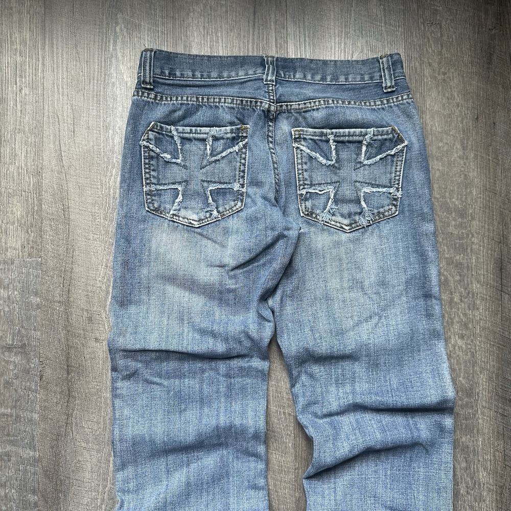 Route 66 Premium Mens Acid Wash Blue Straight Leg Jeans Cross Back Pocket Y2K 30